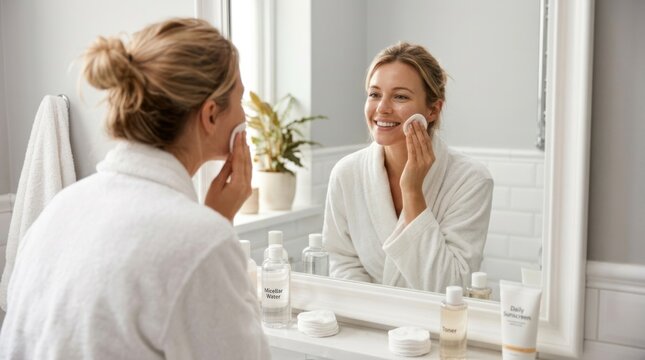 A woman is applying toner to her face at a bathroom sink. She is wearing a white robe and looking at her reflection in the mirror.