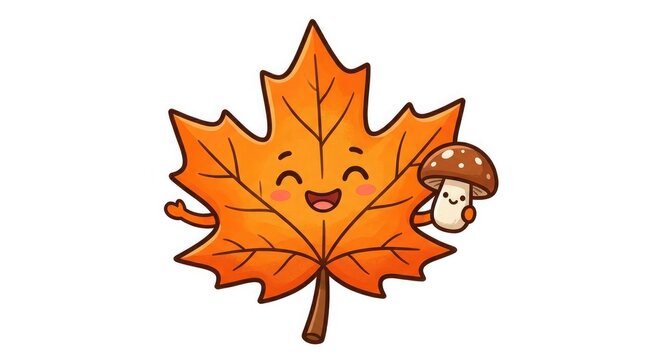 Cute cartoon maple leaf with mushroom character illustration