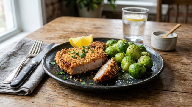 A dark gray plate holds a crispy breaded pork cutlet alongside a mound of roasted Brussels sprouts. A glass of water with a lemon slice sits on the table next to a small bowl.