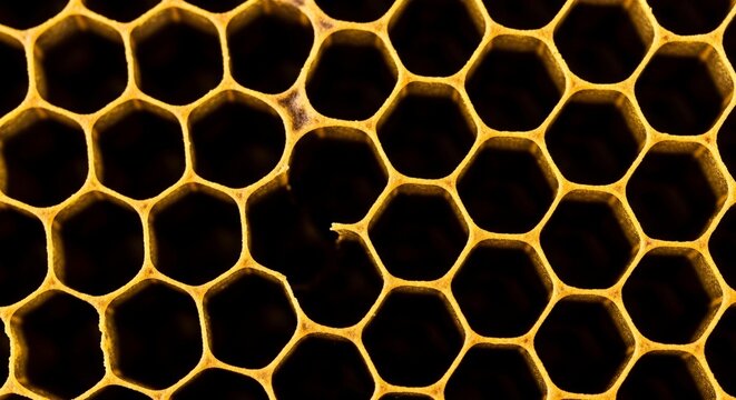 Honeycomb cells, bee hive structure, yellow wax pattern, close-up texture