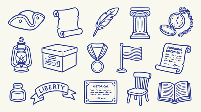 Collection of historical icons representing American history and founding documents.