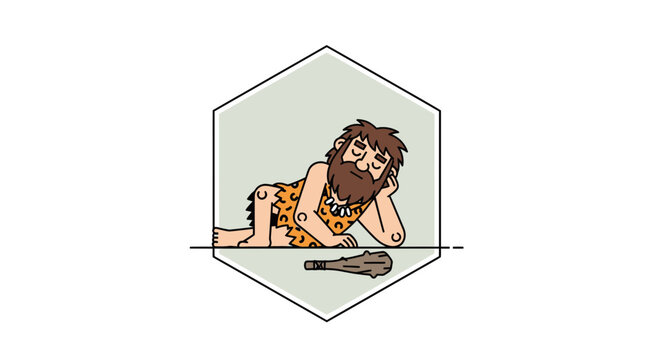 Caveman sleeping, tired prehistoric man resting with club in a hexagon frame