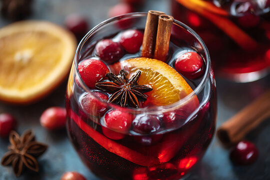 Festive Mulled Wine with Cranberries and Orange Slices.