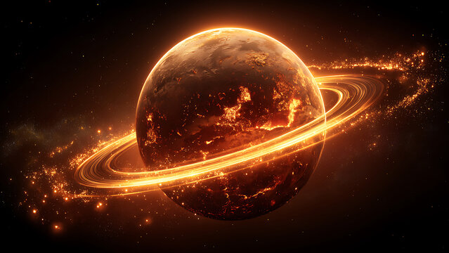 Fiery Ringed Planet in Deep Space with Glowing Rings.