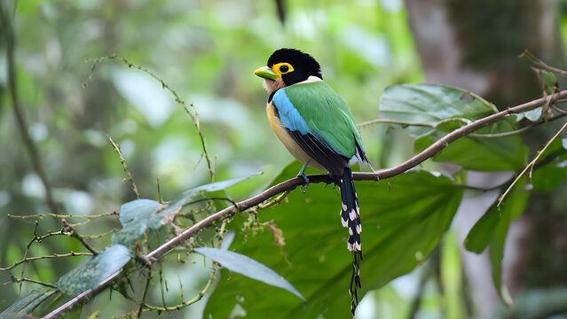 Long Tailed Broadbill Bird Perched on a Branch in a Lush Forest.