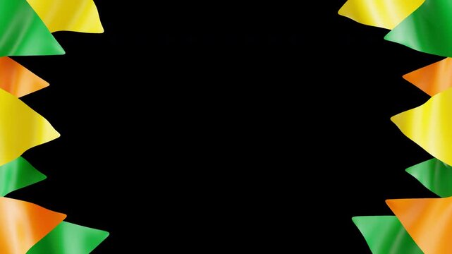 Green, yellow, and orange bunting flag frame design looping seamlessly in realistic 3D animation with soft fabric movement, festive decorative border for celebrations, cultural events, presentations.