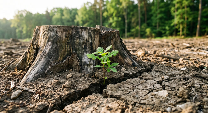 Small green plant growing from tree stump in deforested area