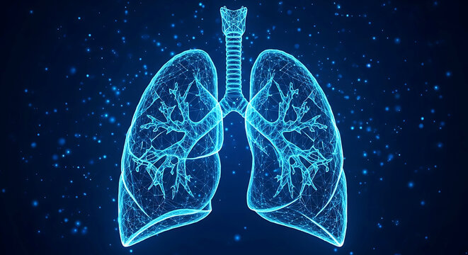 Glowing blue wireframe human lungs with trachea on dark starry background anatomy medical