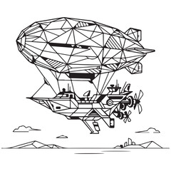 Steampunk airship vector illustration with geometric low poly dirigible and flying machine over mountain landscape © mbg