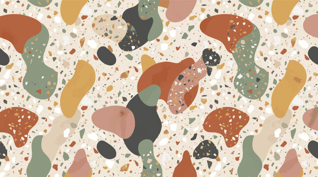 Seamless luxury terrazzo pattern background with abstract organic shapes. Scattered marble, quartz chips and golden glitter accents on beige surface texture. Modern vector backdrop illustration.