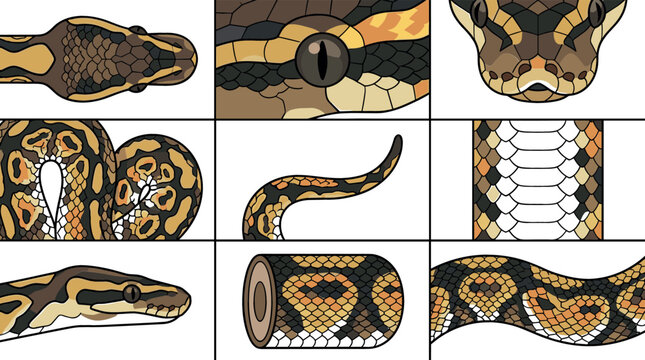 Ball Python Snake Anatomy and Identification Chart Set with Scales Pattern, Tail, Belly, Eye Macro, and Head Profile Views for Herpetology Education Designs