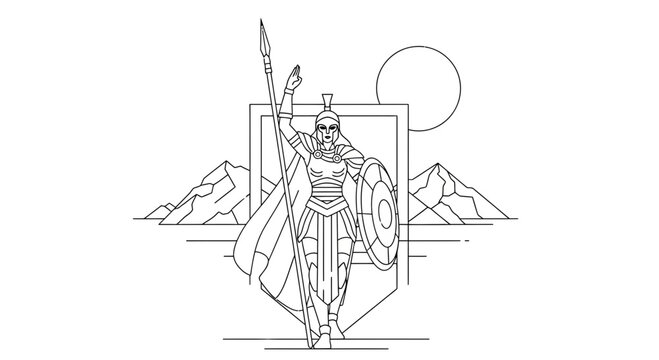 Warrior Woman with Spear and Shield, Ancient Greek Style, Mountains and Sun Background