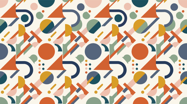 Seamless geometric abstract pattern background in retro style. Colorful shapes, circles, triangles, semi-circles and lines. Memphis design textile wallpaper. Vector illustration.