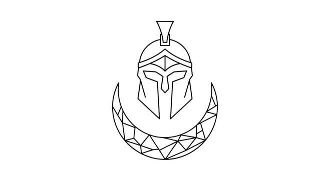Spartan Helmet on Crescent Moon Geometric Pattern, Ancient Warrior Symbol, Mythology Logo
