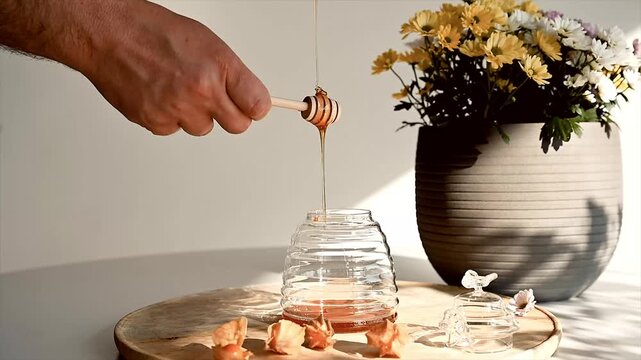 A hand drizzles honey from a wooden dipper into a glass beehive jar beside a pot of chrysanthemums and a glass bee lid in warm daylight.