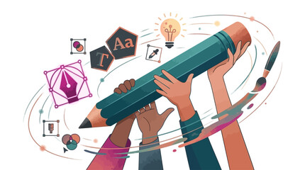 Collaborative creative process, diverse hands illustrate design, ideation, and innovation © Saad