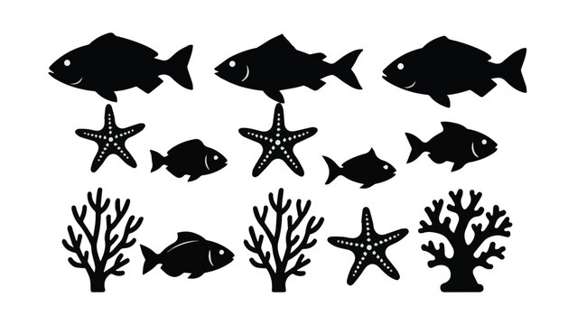Silhouette of Various Fish and Marine Life Underwater Scene.