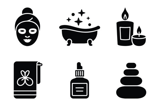 Spa beauty and wellness treatment icons set with facial mask and massage stones