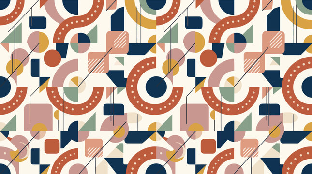 Seamless geometric abstract pattern background in retro style. Colorful shapes, circles, triangles, semi-circles and lines. Memphis design textile wallpaper. Vector illustration.