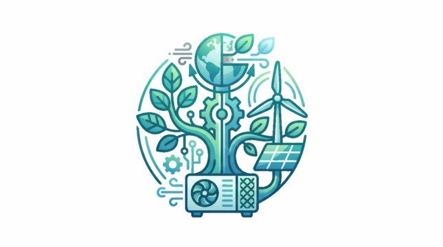 Sustainable technology concept circular eco logo with leaves and icons.