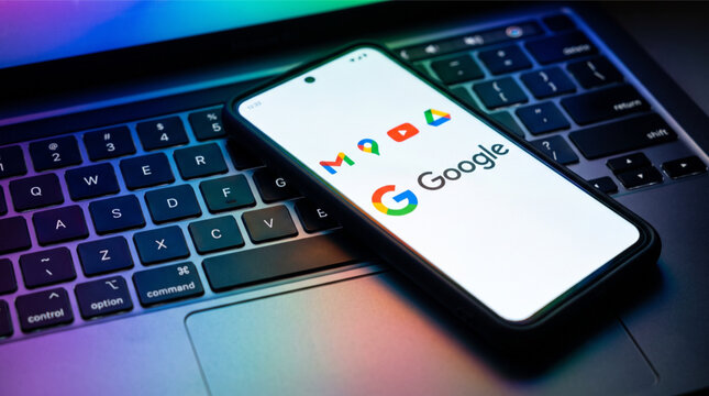Google brand logo and app icons set on a smartphone screen over a dark laptop computer keyboard
