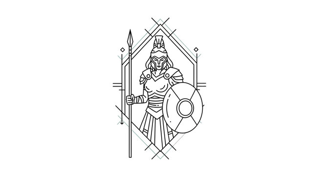 Line Art Warrior Woman with Spear and Shield, Geometric Frame, Ancient Greek Goddess