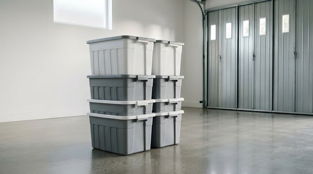 Stacked Plastic Storage Bins in a Modern Garage.