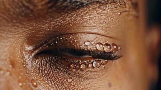 Close up brown human eye with water droplets and sunset reflection