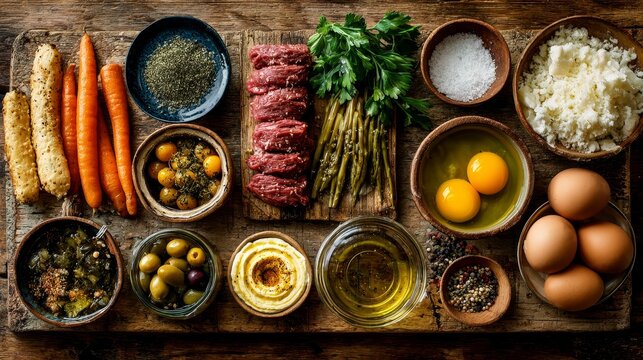 Top view flat lay of Passover cooking mise en place with fresh vegetables, kosher meat, eggs, matzah, olive oil and gourmet condiments on rustic wooden worktop, warm inviting culinary styling