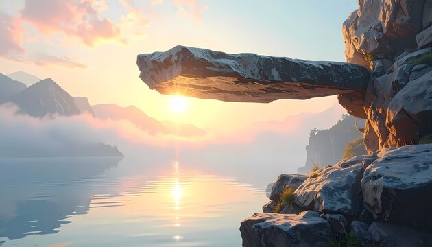Cantilevered rock ledge over lake, wide shot mountain sunrise landscape, realistic photo style, warm golden sunlight on misty mountain and water background.
