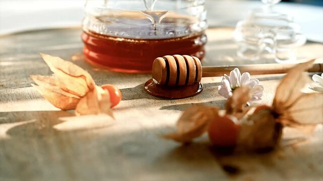 Close-up flat lay of a wooden honey dipper resting beside physalis and summer flowers near a glass honey jar on a sunlit board.