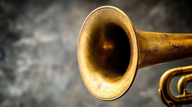 harmonic. Brass trumpet horn on dark background with subtle circular wave patterns. event programs, museum guides, designed for cultural heritage projects and event programs, preserves heritage.
