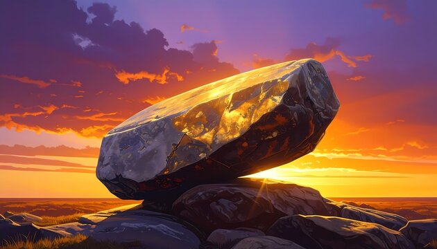 Large glowing monolith medium shot reflecting golden light digital art style warm sunset glow purple sky background.
