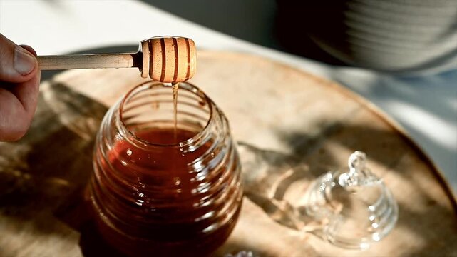 A hand drizzles honey from a wooden dipper into a shallow glass beehive jar on a board with potted chrysanthemums and physalis in bright light.