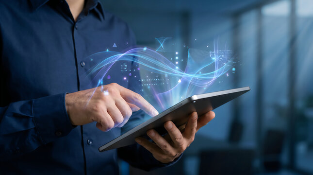 Business professional holding tablet with digital network hologram overlay