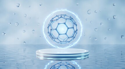 Naklejka premium Abstract Molecular Structure Glowing on Pedestal with Water Droplets
