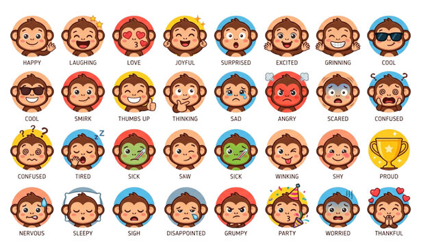 Funny Monkey Emoticon Flat Vector Set