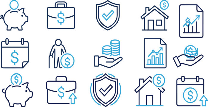 Retirement and Pension Finance Icon Set with Savings Fund Home Equity Senior and Investment Symbols for Web and App Design
