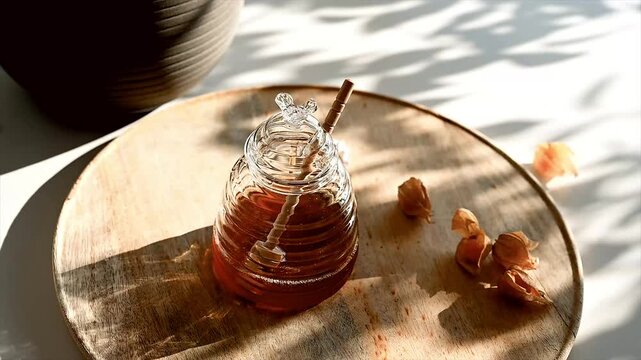 A glass beehive honey jar with a wooden dipper resting inside on a round wooden board with physalis in soft dappled sunlight.