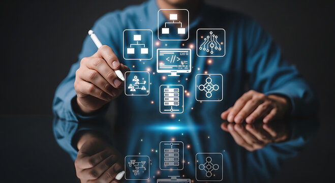 Person touching digital of computer code server and network diagrams hand