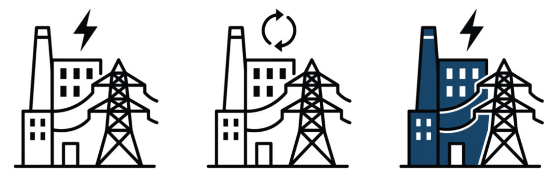 Power plant factory and electricity pylon tower icons set for industrial energy generation grid distribution and renewable utility
