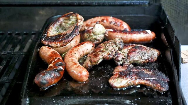 Close-up of assorted grilled sausages and herbed marinated meat sizzling on a hot black barbecue grill at a forest cabin. A summer cookout scene of al fresco grilling with a variety of meats for