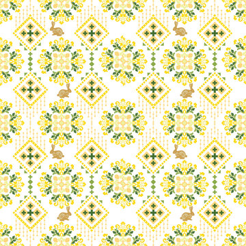 Elegant seamless pastel yellow pattern featuring delicate floral elements combined with ribbit and geometric motifs