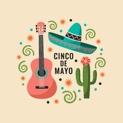 Obraz premium Cinco De Mayo. Mexican Holiday Illustration. Festive Sombrero Guitar Cactus Design. Vector Graphic.