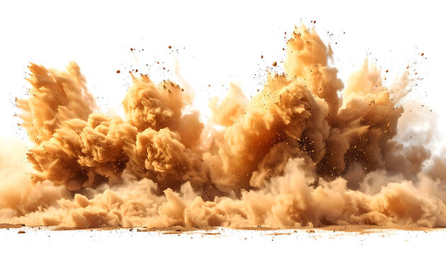 Isolated dust explosion with flying sand particles, dynamic debris cloud, texture element for motion effects