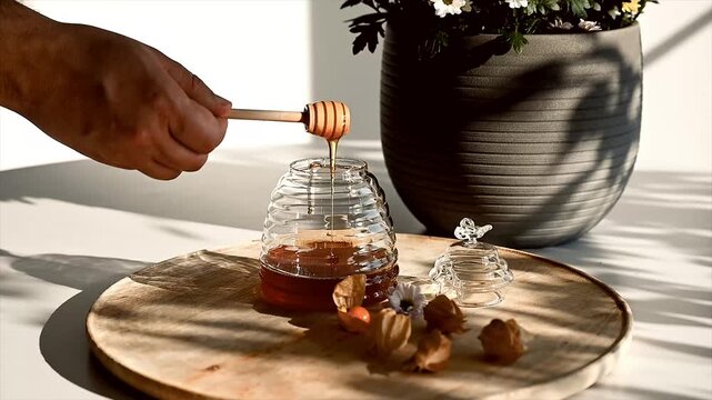 Close-up flat lay of a wooden honey dipper with physalis and a daisy beside a glass honey jar on a sunlit wooden board.
