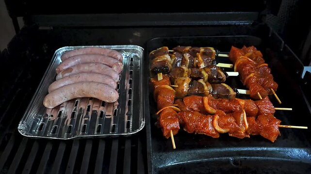 Sausages in a foil tray beside assorted marinated meat and onion skewers cooking on a hot outdoor gas barbecue at a forest cabin. A summer cookout scene of al fresco grilling with a variety of meats