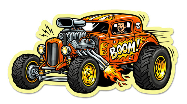 Cartoon hot rod monster truck with Boom text.