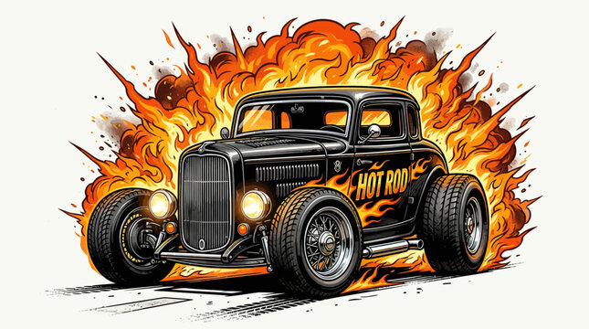 Custom black hot rod car with fire explosion background.