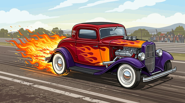 Classic purple hot rod with orange flame decals.